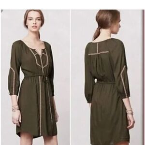 Anthropologie Edme and Esyllte Olive Peasant Boho Dress Ribbon Trim Cottage XS